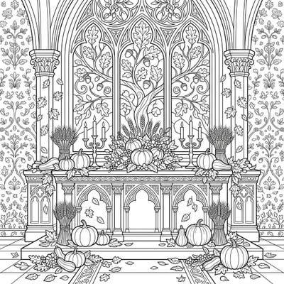 Step into the serene beauty of autumn with this exquisite coloring page featuring a magnificent cathedral altar adorned with harvest delights. This intricate design invites you to celebrate the season's bounty through mindful coloring.