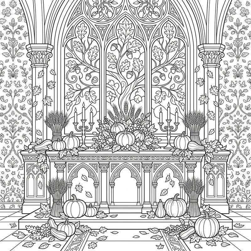 Step into the serene beauty of autumn with this exquisite coloring page featuring a magnificent cathedral altar adorned with harvest delights. This intricate design invites you to celebrate the season's bounty through mindful coloring.