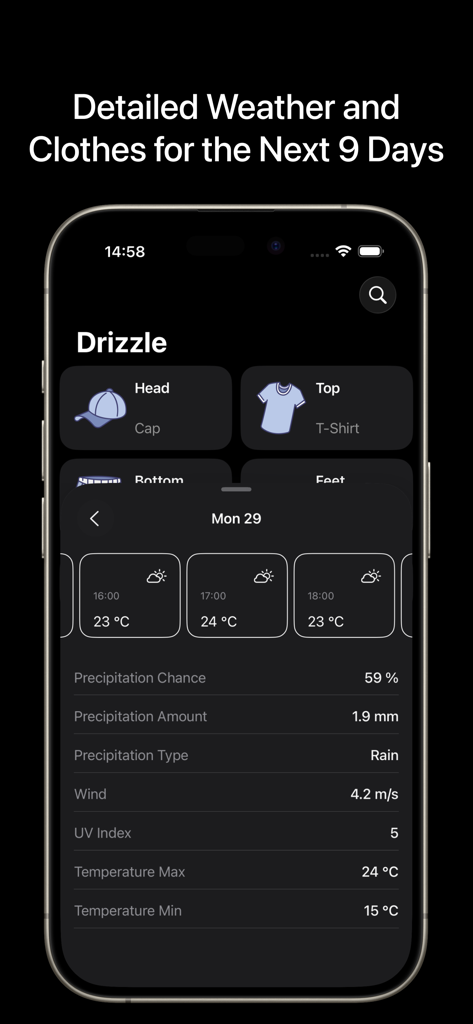 iWear: Weather Fit - Detailed weather stats and outfit recommendations for a rainy day on the iWear app