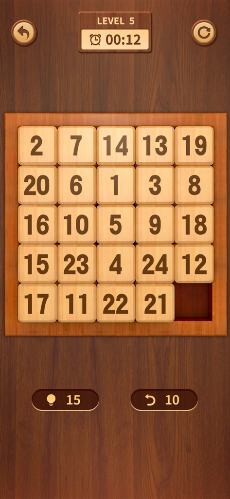 Numpuz: Number Puzzle Games - Numpuz mobile game screenshot showing a 5x5 wooden sliding number puzzle board