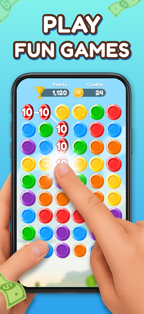 Coinnect: Your Real Money Time - 賞品を獲得するためにプレイされているCoinnectの3マッチパズルゲームを表示するスマートフォンの画面