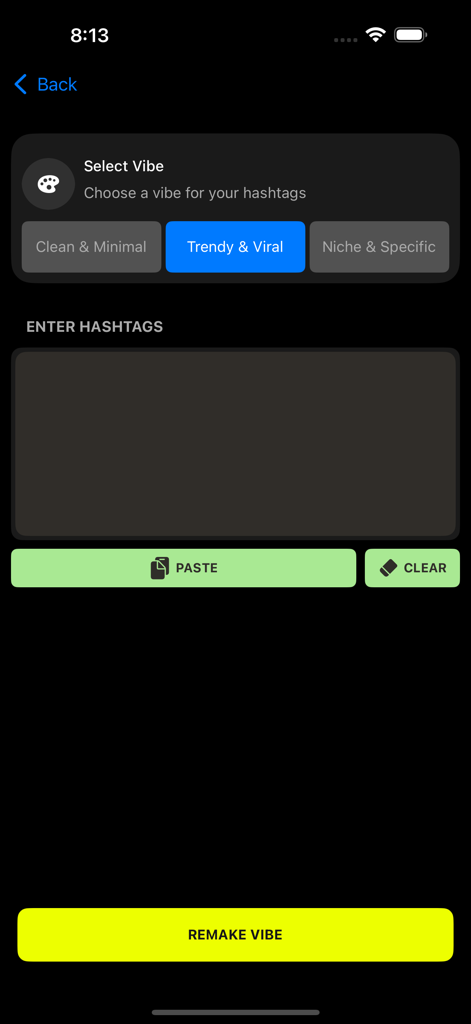 TikZag+ Tiktok Likes More Tags - TikZagアプリで、TrendyやViralなどのハッシュタグバイブを選択するためのインターフェース