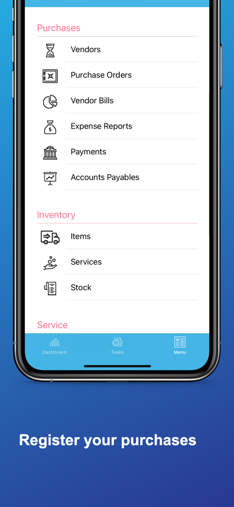 Menú de la aplicación móvil Adm Cloud que muestra opciones de gestión para compras e inventario.