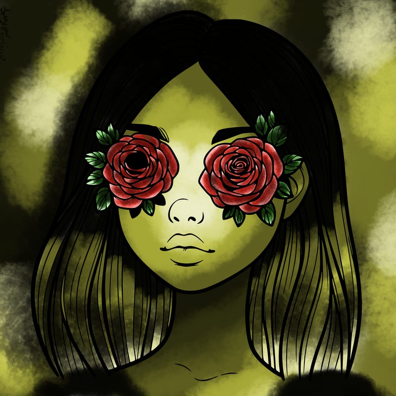 a realistic girl with roses for eyes
