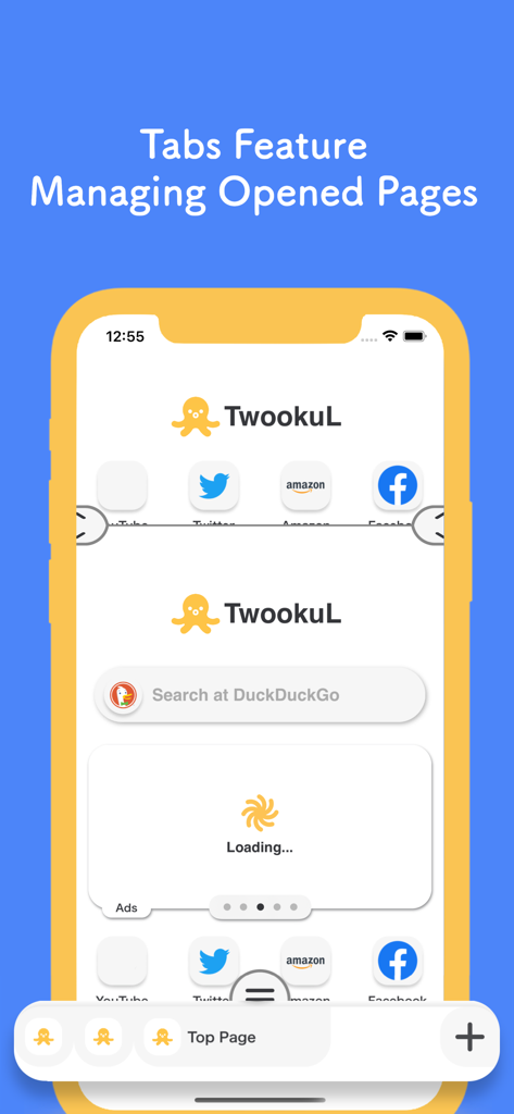 TwookuL - Split Screen Browser - Interface do navegador móvel TwookuL mostrando a visualização de tela dividida e recursos de gerenciamento de abas