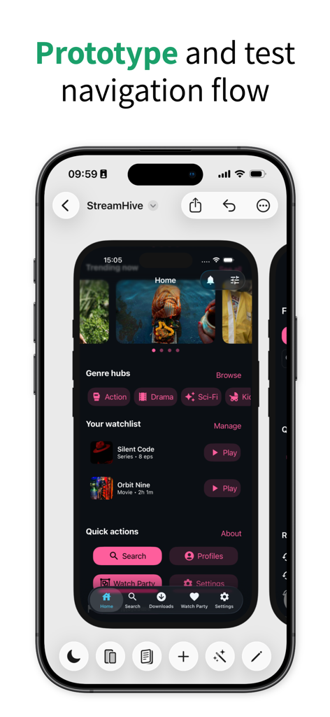 Pixelmost-App-Oberfläche, die ein iPhone-Mockup mit einem Navigationsfluss für eine Video-Streaming-App zeigt