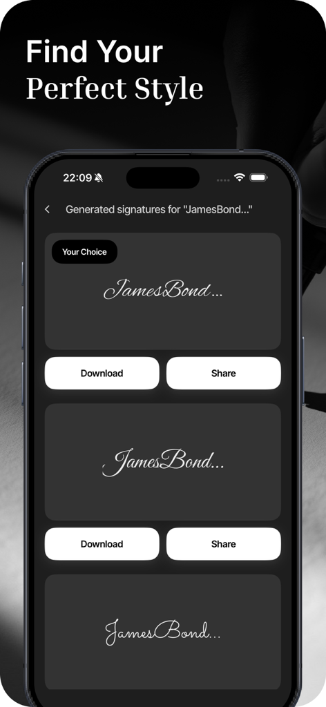 Electronic & Signature Creator - Interface de aplicativo móvel exibindo várias opções de assinatura eletrônica elegantes com botões de download e compartilhamento
