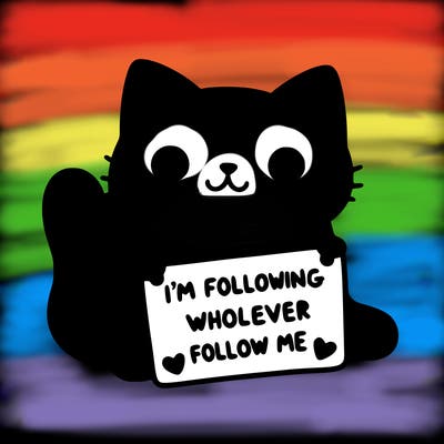 cat with a sign that says i’m following whoever follows me