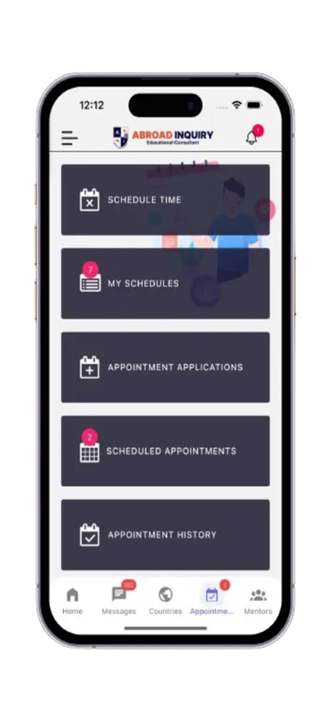 Abroad Inquiry - Abroad Inquiry app interface showing menu options for scheduling and managing appointments with educational mentors