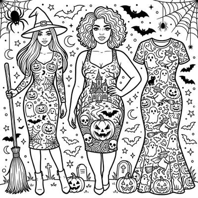 Dive into the Halloween spirit with these trendy bodycon dresses adorned with spooky designs. Perfect for fashion enthusiasts and Halloween lovers looking for a unique coloring challenge.