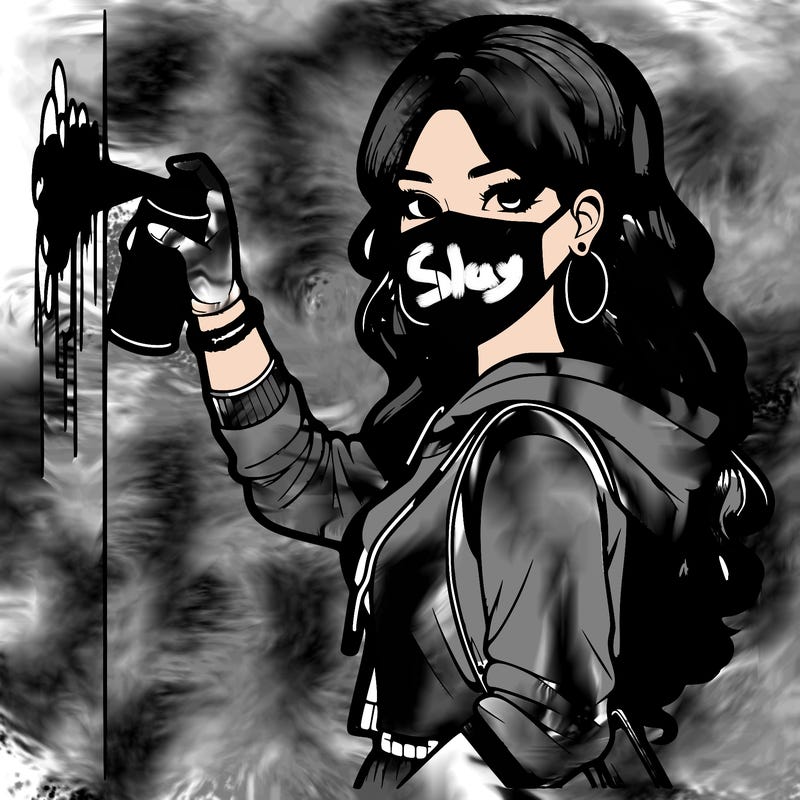 realistic girl with mask spray painting a wall