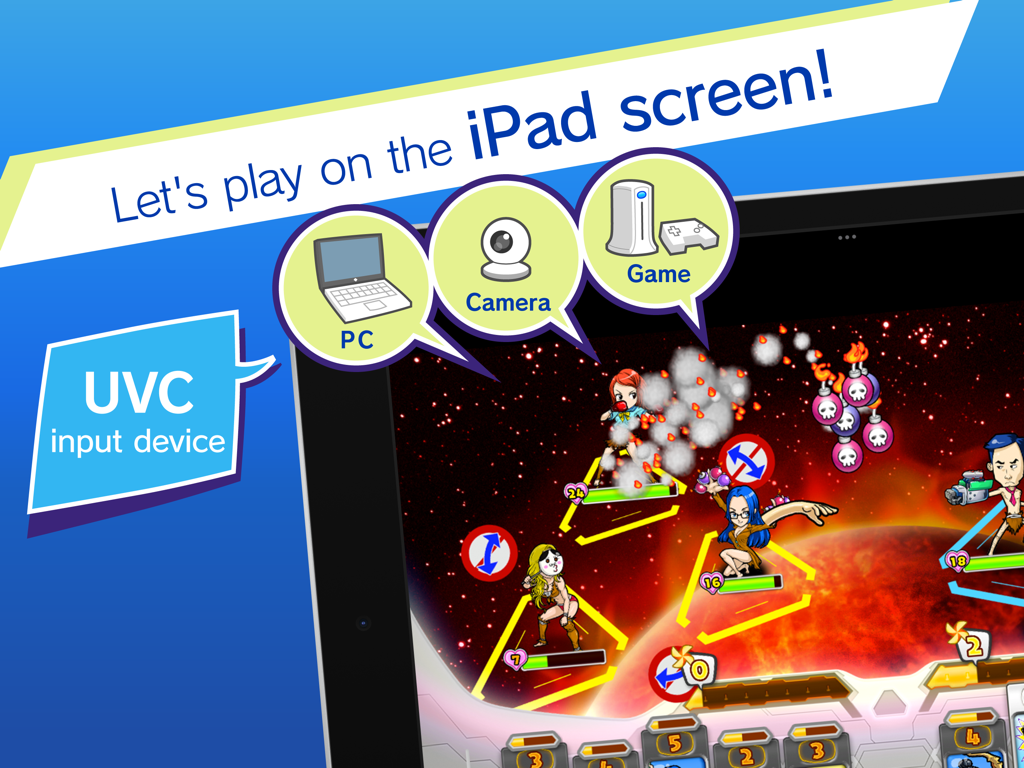 EasyC@M app showing an iPad used as a monitor for gaming and cameras via UVC input