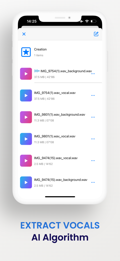 TunerLab Audio Editor - Interface do aplicativo TunerLab mostrando faixas de áudio vocal e de fundo extraídas usando algoritmo de IA
