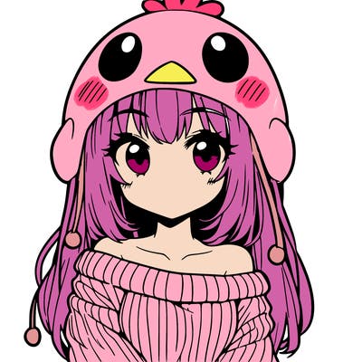 anime girl with chick shaped hat with sweater with bare shoulders with bangs covering them one eye with low tail