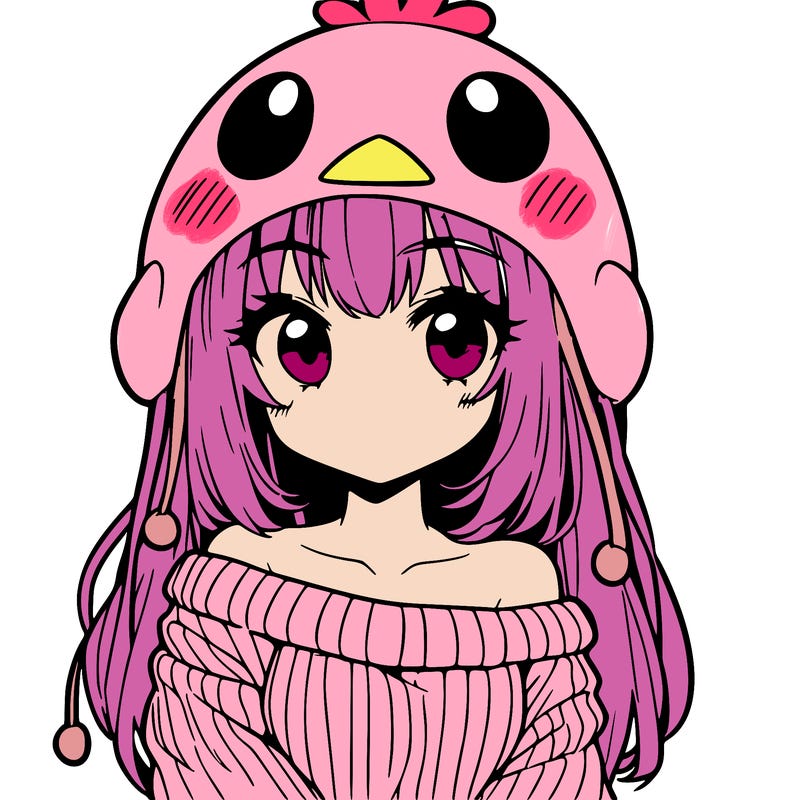 anime girl with chick shaped hat with sweater with bare shoulders with bangs covering them one eye with low tail