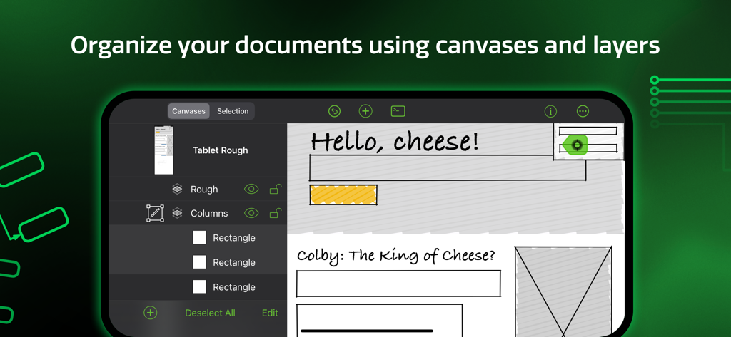 OmniGraffle 3 app interface showing document organization with canvases and layers