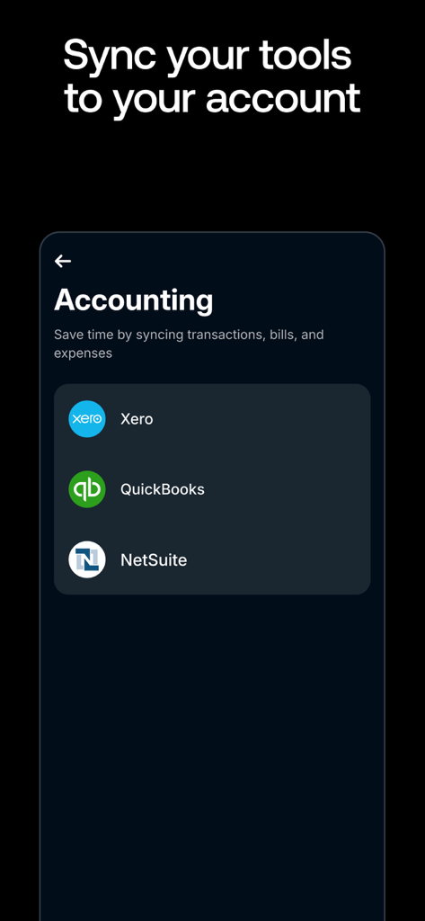 Revolut Business app screen showing accounting software sync options for Xero, QuickBooks, and NetSuite