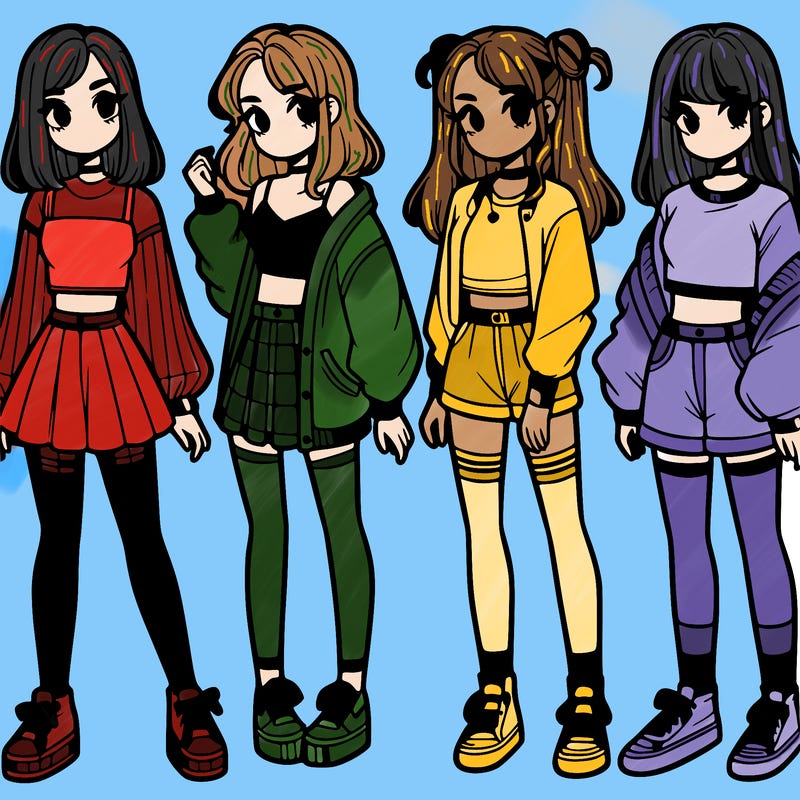 one girl with crop-top shirt and a jacket with a skirt, long socks and another girl with a shirt and pants with a jacket