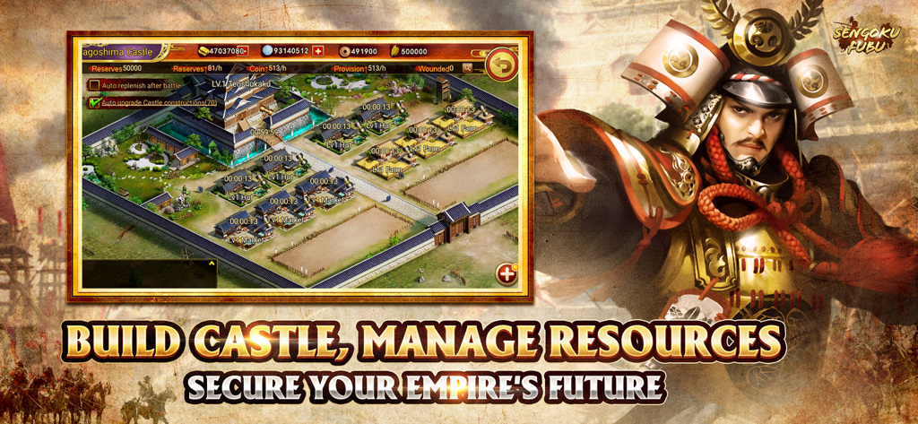 Sengoku Fubu game screen showing castle building and resource management with a samurai character