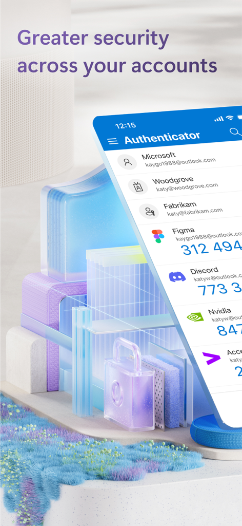 Microsoft Authenticator app interface displaying security codes for multiple accounts