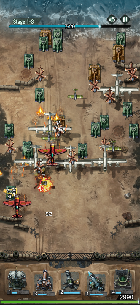 Last Bunker: 1945 - Top down view of a World War 2 tower defense game featuring tanks and bombers attacking a defensive line on a desert battlefield.