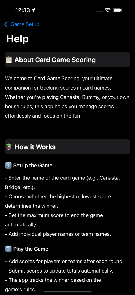 A seção de ajuda do aplicativo Pontuação de Jogos de Cartas mostrando como configurar e jogar uma partida.
