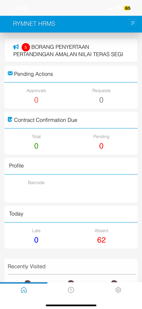 Dashboard view of Rymnet HRMS app showing daily attendance and pending employee actions