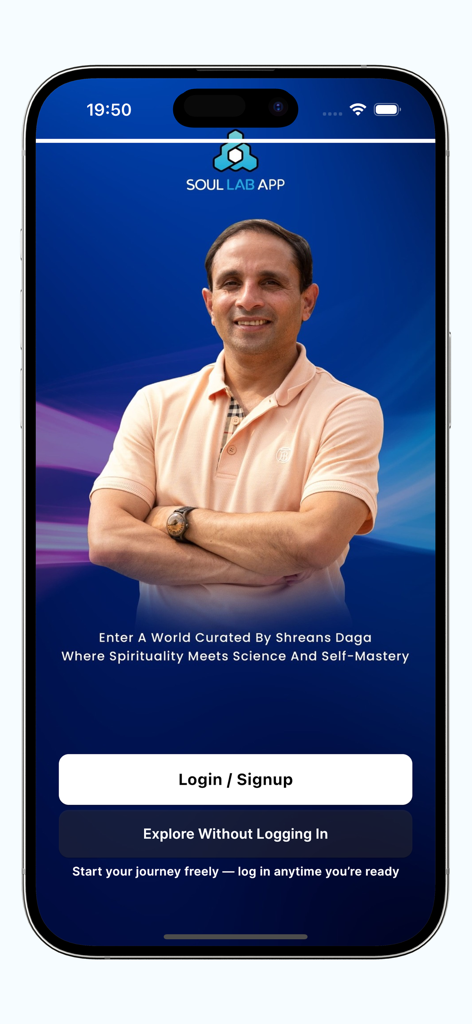 SOUL LAB - SOUL LAB app home screen showing founder Shreans Daga and options to login or explore without an account