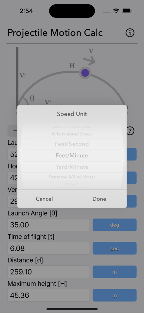 Projectile Motion Calc - Projectile Motion Calc app interface showing a speed unit selection menu for physics problems