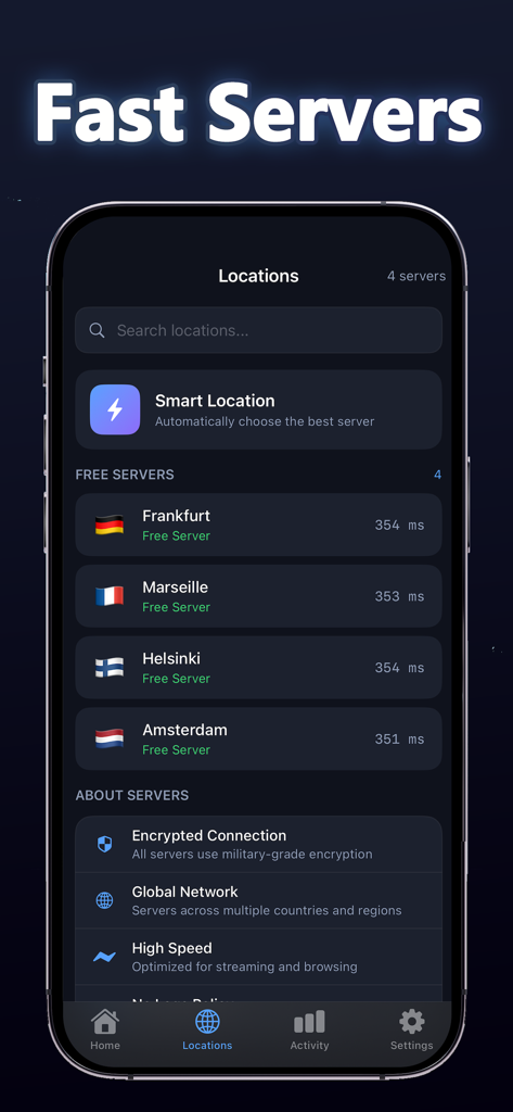 VPN - Супер VPN Master Proxy - Interface of the VPN app showing a list of fast global servers and security features