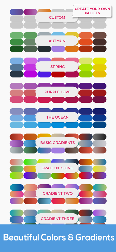 Coloring Book For Adults App ◌ - Screen showing multiple color palettes and gradients in the iColor app