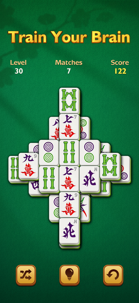 Vigor Mahjong - 緑色の背景に大きな読みやすいタイルと「脳を鍛えよう」という見出しを備えたVigor Mahjongゲームインターフェース