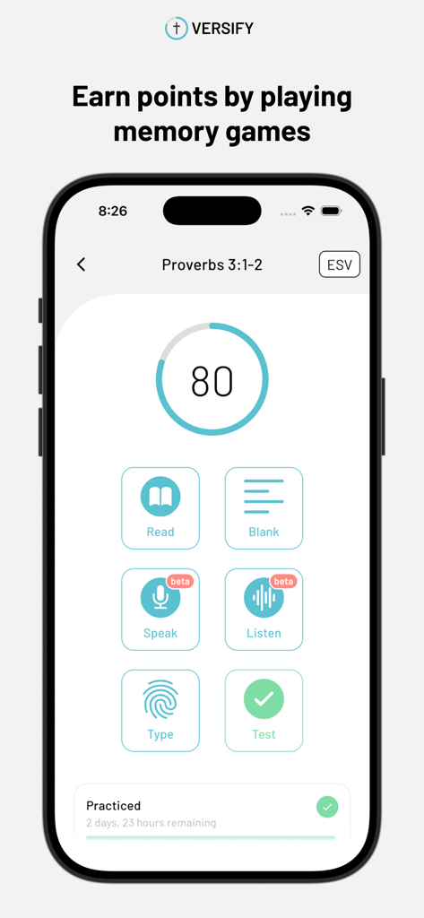 Versify App - Versify app interface showing different memory game modes for memorizing Bible verses including read, speak, and test