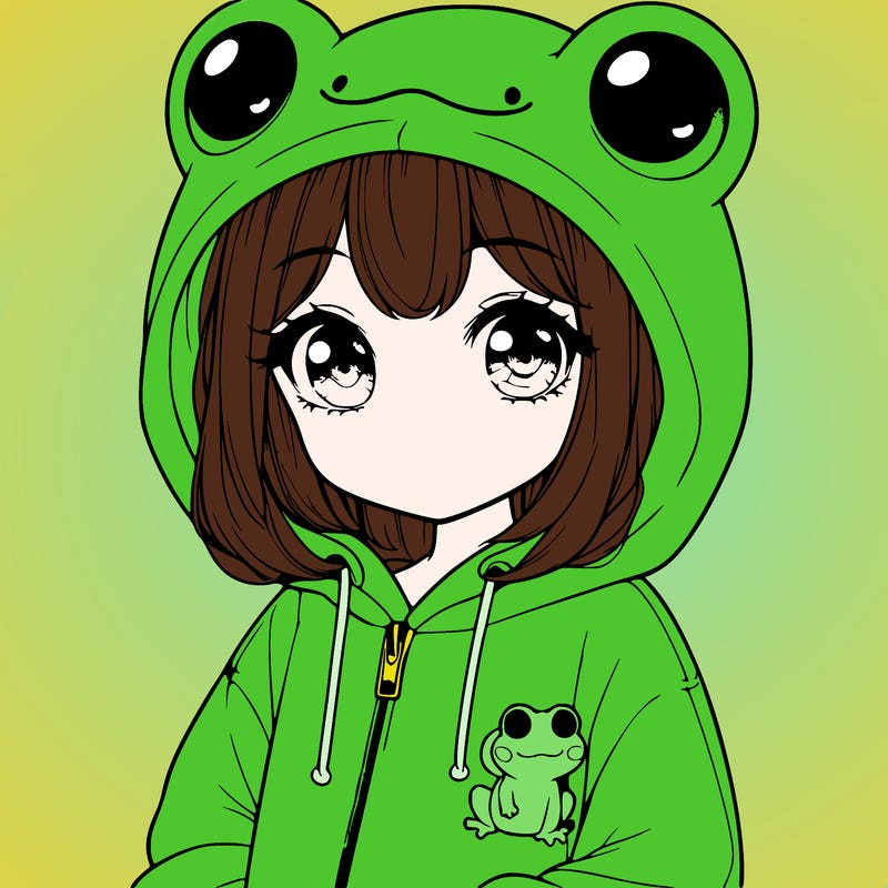 cute realistic girl in a froggy hoodie