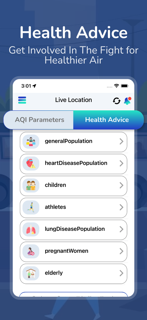 Air quality app interface showing health advice categories for different groups like children athletes and elderly