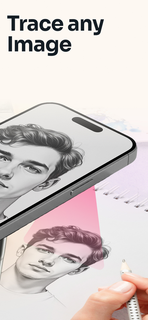 AR Drawing: Trace & Sketch Art - A person using an AR drawing app to trace a portrait from their phone screen onto a physical sketchbook