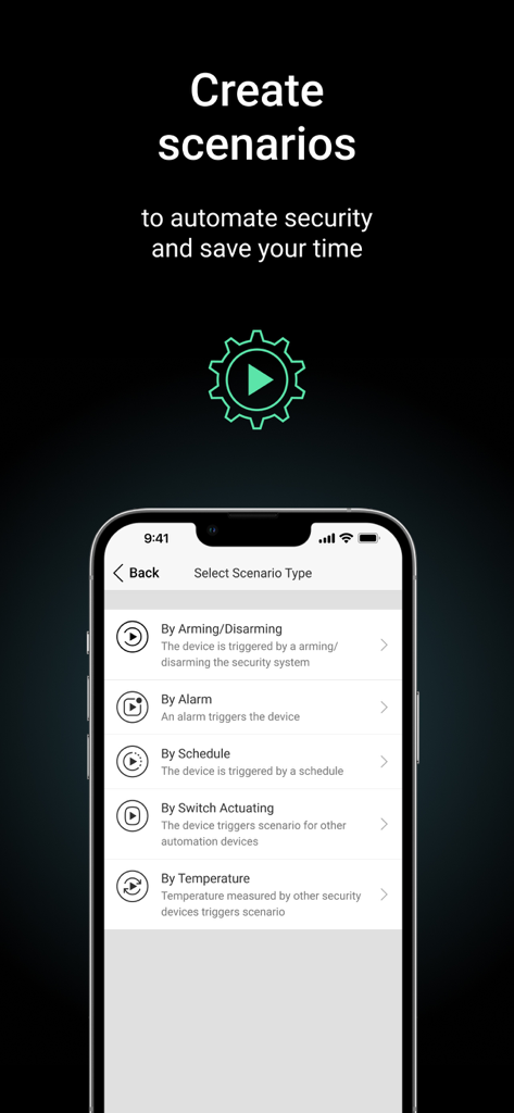 Interface for selecting automation scenarios in the Ajax Security System app, including options for arming, alarms, schedules, and temperature.