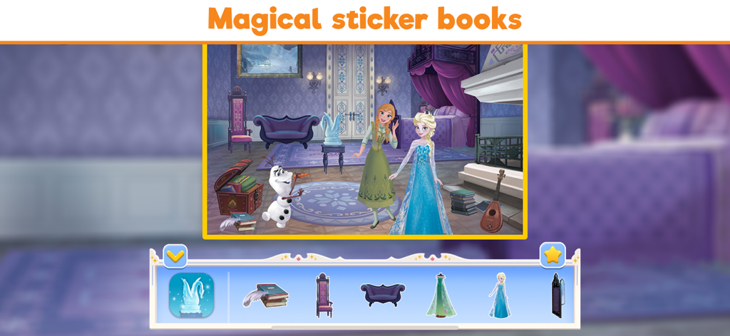 Digital sticker book scene from Disney Coloring World featuring Anna Elsa and Olaf in Arendelle castle