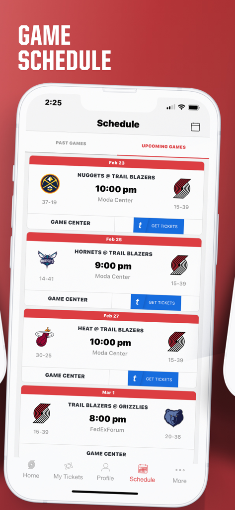 Portland Trail Blazers - Portland Trail Blazers App, die den bevorstehenden Spielplan und Ticketkaufoptionen im Moda Center anzeigt.