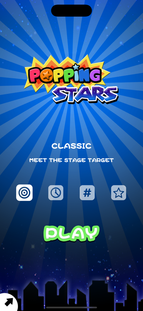 Popping Stars-classic game - Main menu of the Popping Stars classic puzzle game featuring a green play button and game mode icons.