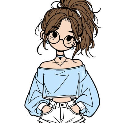 girl with a messy ponytail glasses a baggy crop top and jean shorts