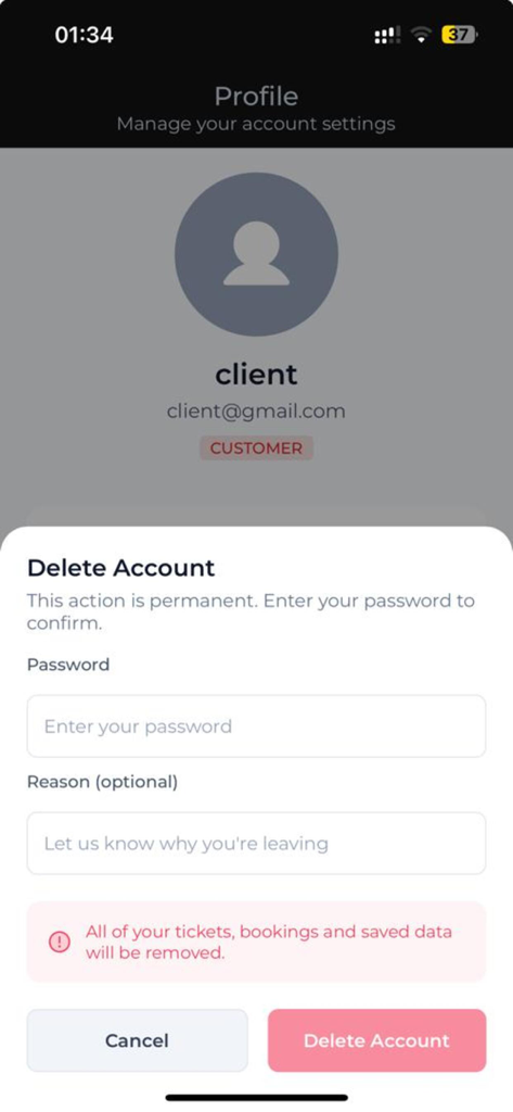 CityBus - Um ecrã de confirmação na aplicação CityBus para excluir uma conta de utilizador com um pedido de senha e aviso de perda de dados.