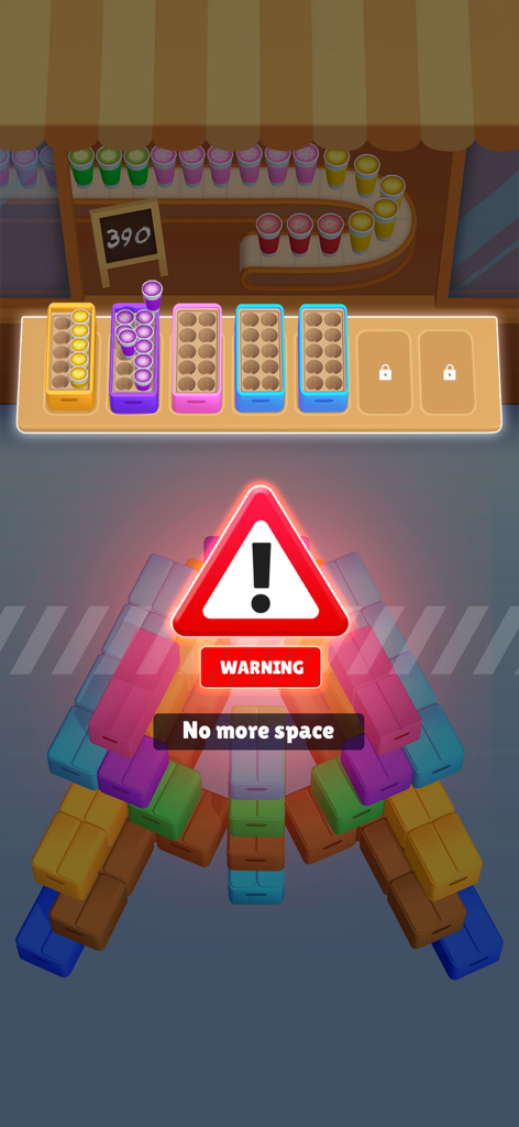 Coffee Craze - A screenshot of Coffee Craze showing a red warning sign saying no more space over a pile of colorful coffee boxes