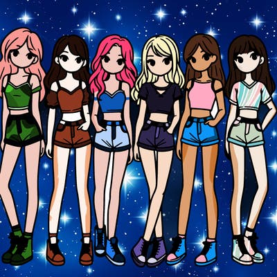 a group of girls wearing crop tops and shorts