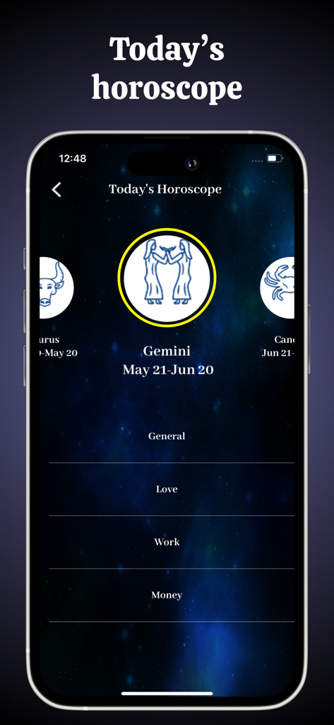 Today's horoscope screen in the Tarot Card Reading app featuring the Gemini zodiac sign with categories for love, work, and money.