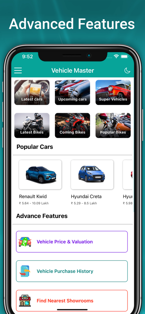 Vehicle Master app interface showing car models and advanced vehicle tools