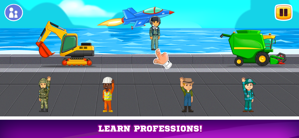 Schermata di gioco educativo che mostra personaggi e veicoli per bambini per conoscere le professioni