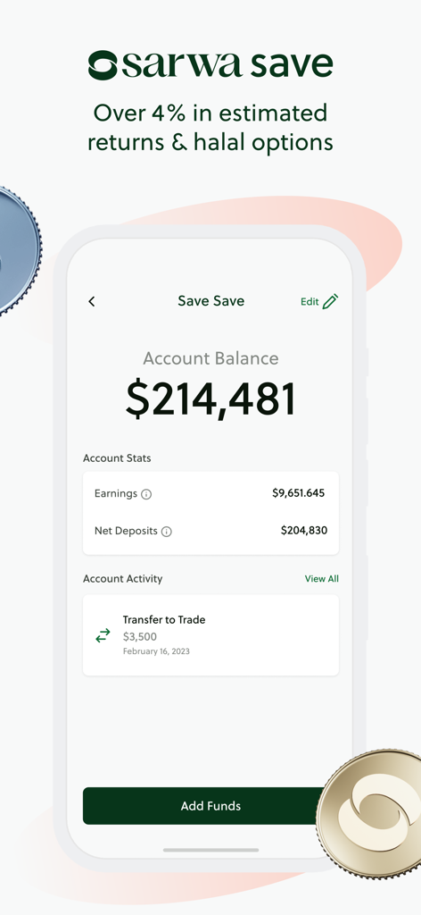Sarwa Save mobile app interface showing a high yield savings account balance with over four percent estimated returns and halal options.