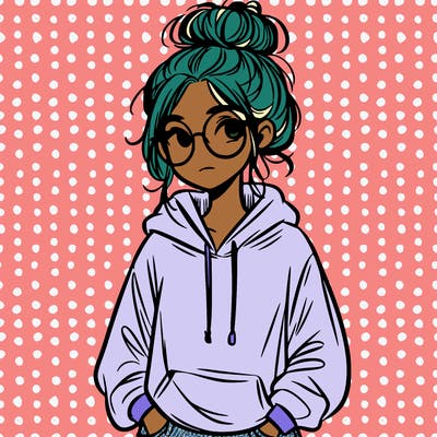 teen girl with a messy bun and glasses wearing a loose hoodie and jeans