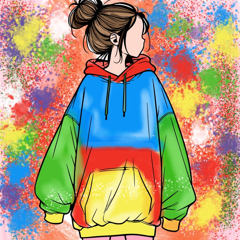 realistic girl with a oversized sweatshirt on and a bun
